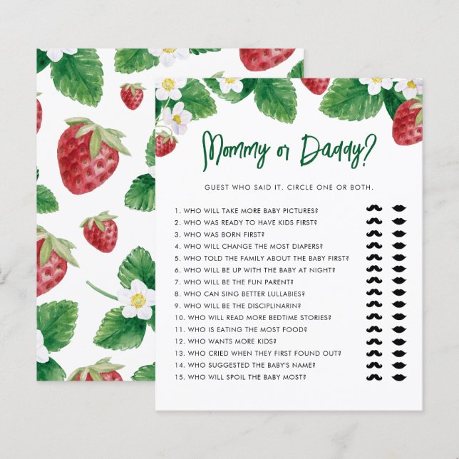 Papier Jeu de Baby Shower Maman ou Papa Fraise (Devant / Derrière)