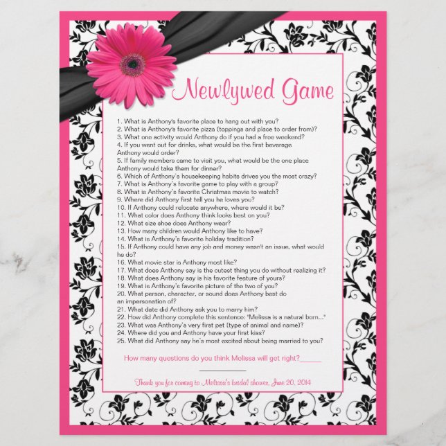 Papier Jeu de Baby Shower Mariage Fleur de Gerber Rose Fo (Devant)