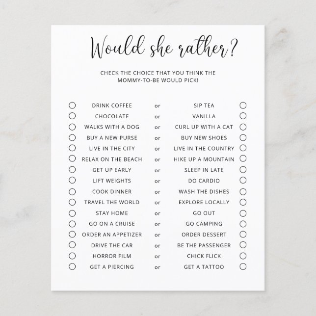 Papier Jeu de baby shower minimaliste 'Would She Rather' (Devant)