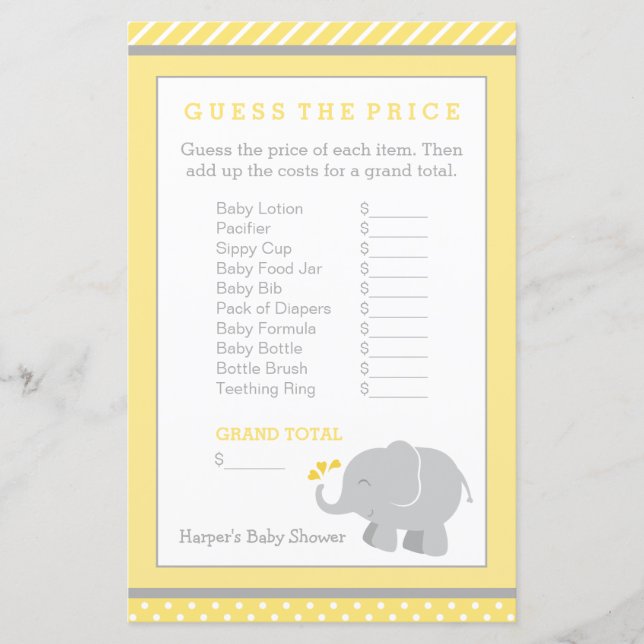 Papier Jeu de Baby shower moderne Jaune et Grey Elephant (Devant)