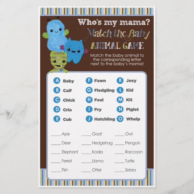 Papier Jeu de Baby shower Monstres de Boo Match animal (Devant)