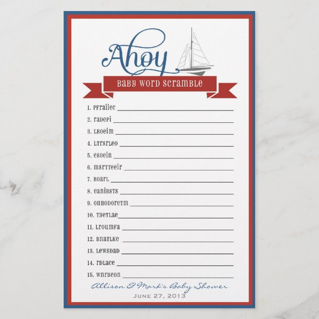 Papier Jeu de Baby shower nautique - Bébé Word Scramble (Devant)