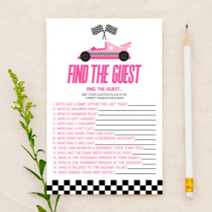 Papier Jeu de Baby Shower Pink Race Car Trouvez l'invité