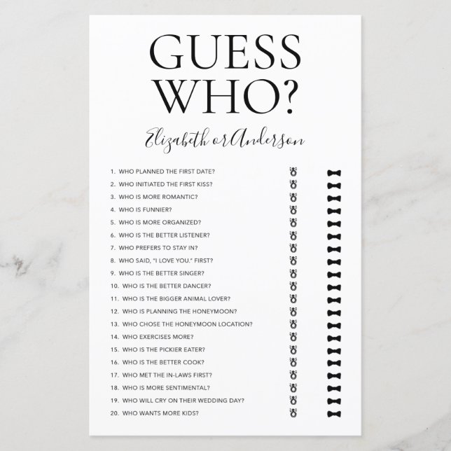 Papier Jeu de Baby Shower pour la Mariée : Devine Qui (Devant)