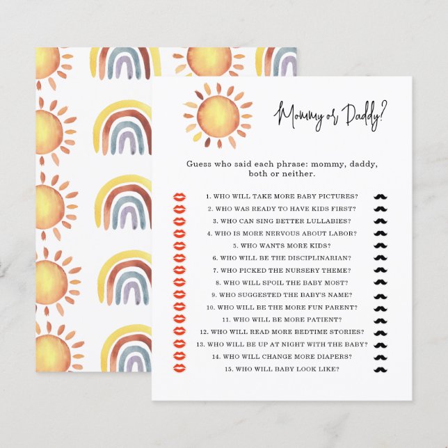 Papier Jeu de baby shower pour maman ou papa soleil (Devant / Derrière)