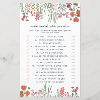 Papier Jeu de baby shower pour mariage 'Fleurs sauvages I