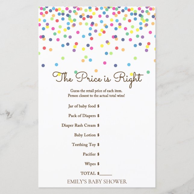 Papier Jeu de Baby shower Rainbow Sprinkle IMPRIMÉ (Devant)