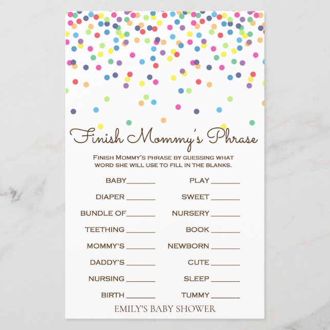 Papier Jeu de Baby shower Rainbow Sprinkle IMPRIMÉ (Devant)
