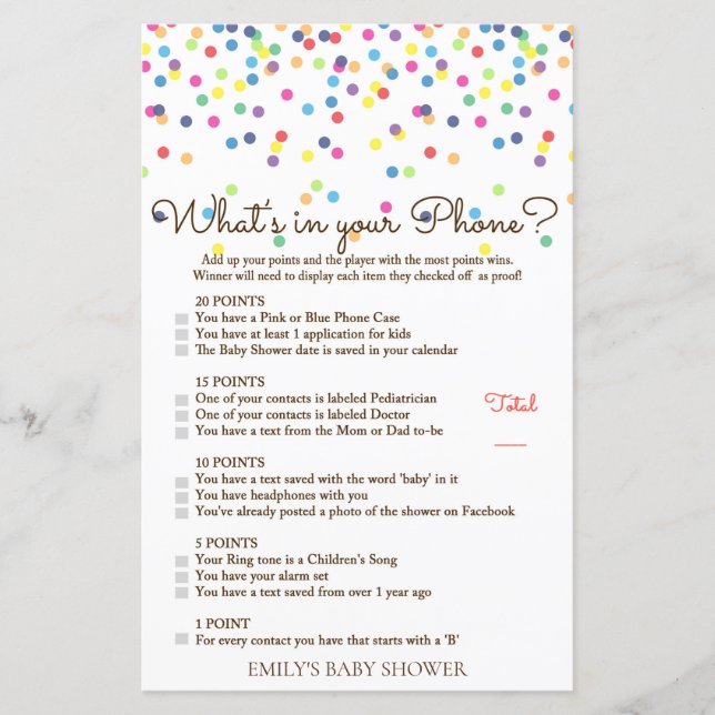 Papier Jeu de Baby shower Rainbow Sprinkle IMPRIMÉ (Devant)
