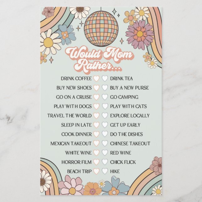 Papier jeu de baby shower rétro années 70 super maman pré (Devant)