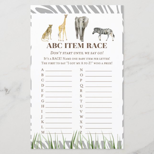 Papier Jeu de Baby shower sauvage africain IMPRIMÉ (Devant)