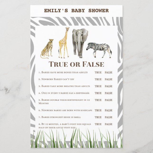 Papier Jeu de Baby shower sauvage africain IMPRIMÉ (Devant)