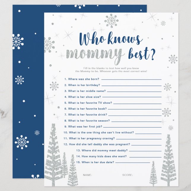 Papier Jeu de Baby shower Silver & Blue Winter Wonderland (Devant / Derrière)