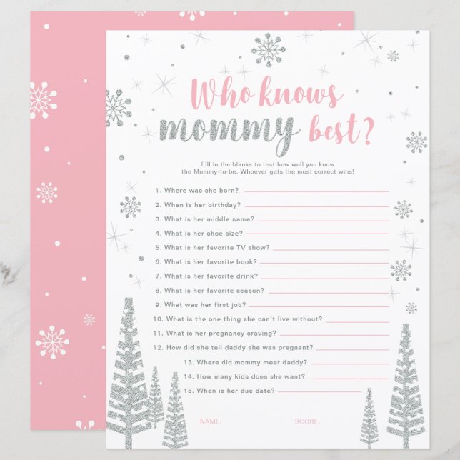 Papier Jeu de Baby shower Silver & Pink Winter Wonderland (Devant / Derrière)