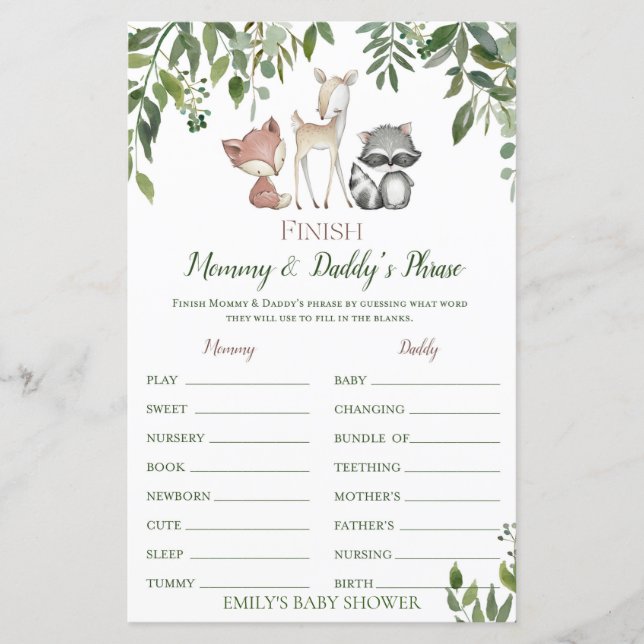 Papier Jeu de Baby shower Woodland - Terminer la phrase (Devant)