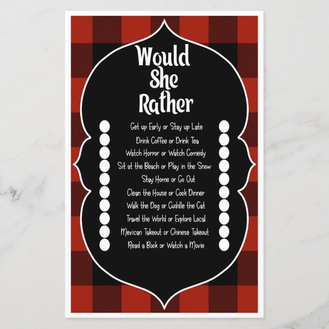Papier Jeu de Baby Shower 'Would she Rather Red Flannel' (Devant)