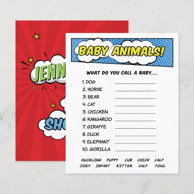 Papier Jeu de bébé animaux super-héros de bande dessinée  (Devant / Derrière)