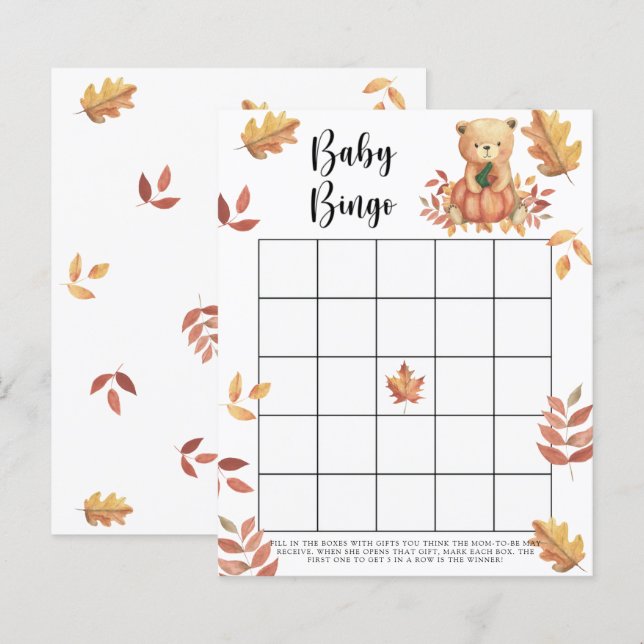 Papier Jeu de bingo Baby shower - Citrouille et Ours (Devant / Derrière)