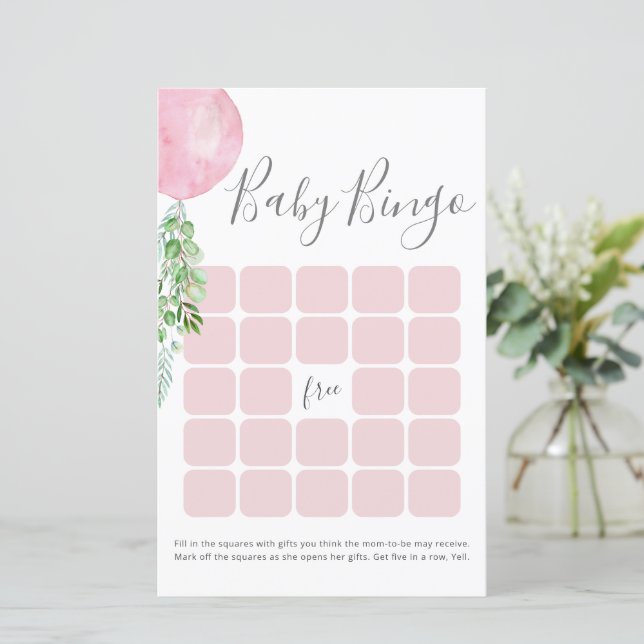 Papier Jeu de Bingo Baby shower de ballon rose (Debout devant)