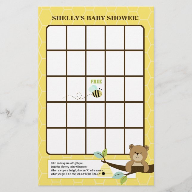 Papier Jeu de bingo Baby Shower Honey Bear et Bee Baby (Devant)