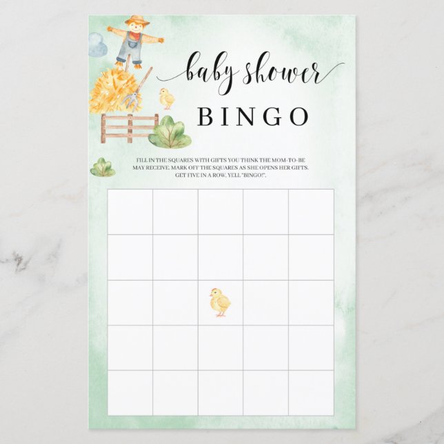 Papier Jeu de bingo Baby shower thème animaux de la ferme (Devant)