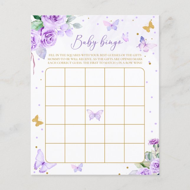 Papier Jeu de bingo bébé papillon floral or violet (Devant)