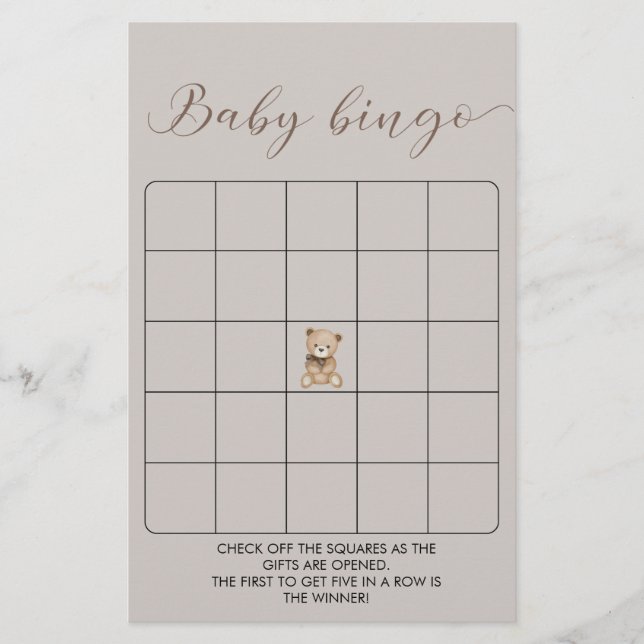 Papier Jeu de Bingo de Baby shower d'ours mignon (Devant)