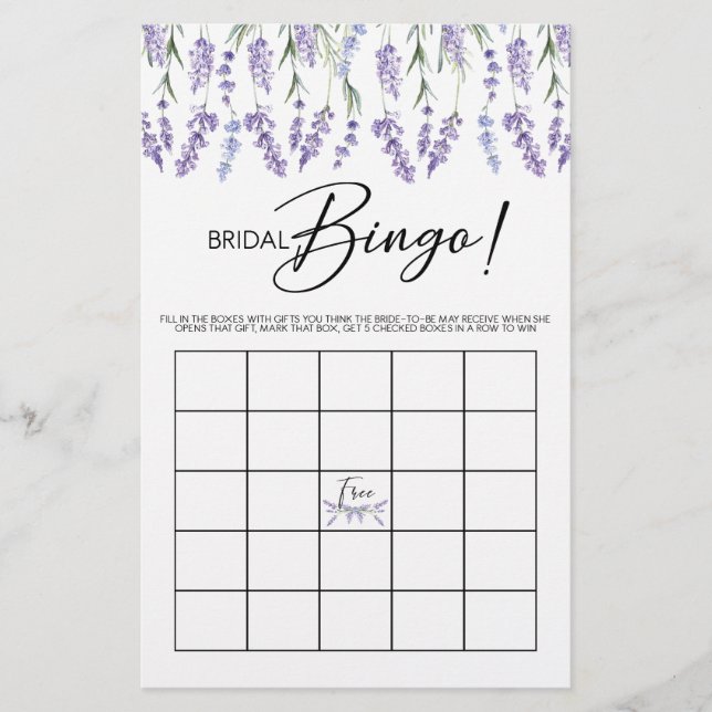 Papier Jeu de bingo de Fête des mariées de lavande (Devant)