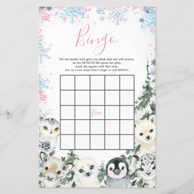 Papier Jeu de Bingo de révélation de genre animal d'hiver (Devant)