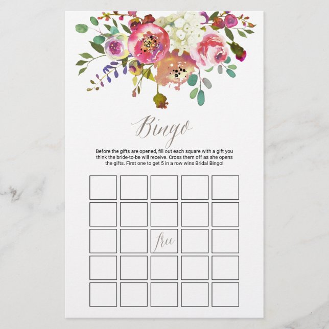 Papier Jeu de bingo nuptiale Bouquet d'aquarelle (Devant)