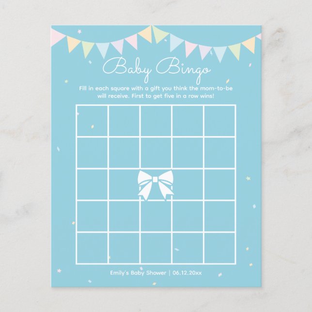 Papier Jeu de Bingo pour Baby Shower Bébé Garçon Bleu Élé (Devant)