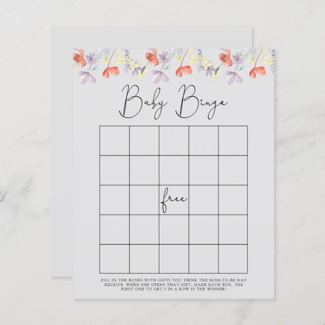Papier Jeu de bingo pour baby shower Fleurs sauvages (Devant / Derrière)