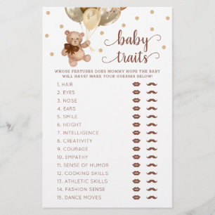 Papier Jeu de caractéristiques de bébé Ourson Baby Shower