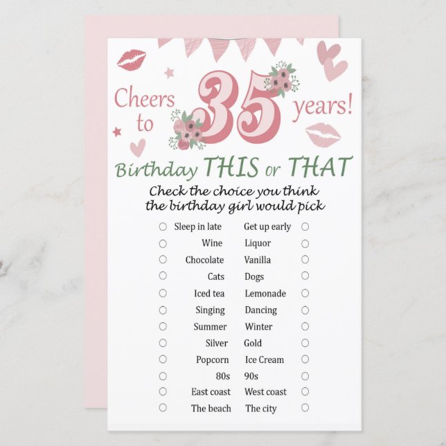 Papier Jeu de 'Ceci ou Cela' pour 35ème anniversaire (Devant / Derrière)