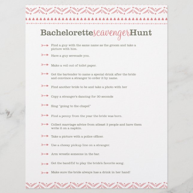 Papier Jeu de chasse au trésor de bachelorette rose préfa (Devant)