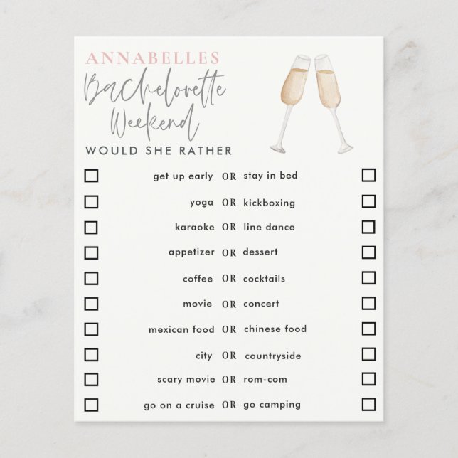 Papier jeu de cocktail de fille bachelorette 'would she r (Devant)