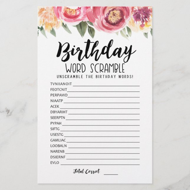 Papier Jeu de course de mots d'anniversaire avec réponses (Devant)
