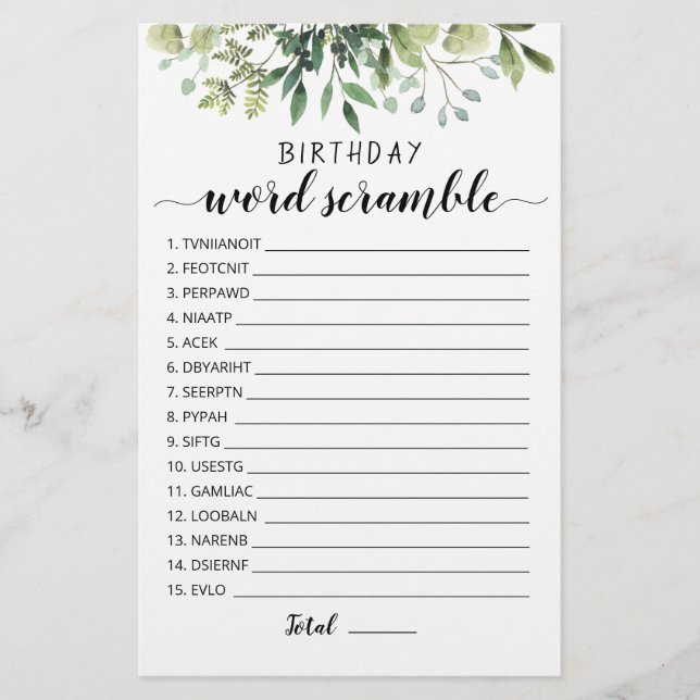 Papier Jeu de course de mots d'anniversaire avec réponses (Devant)