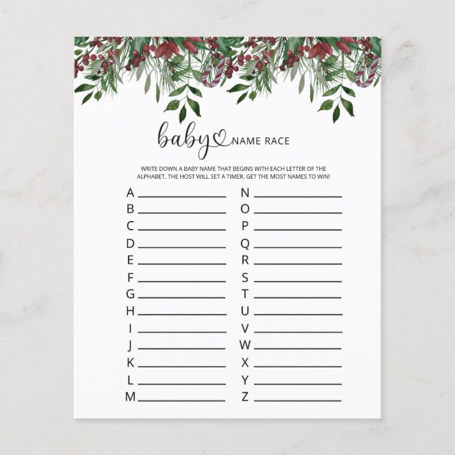 Papier Jeu de course de nom de bébé floral de Noël (Devant)