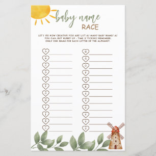 Papier Jeu de course de noms de bébé Animaux de la ferme