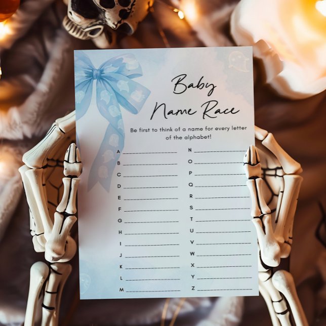 Papier Jeu de course pour le nom de bébé Blue Bow Little  (Girl Coquette Halloween Baby Shower Baby Name Race Game)
