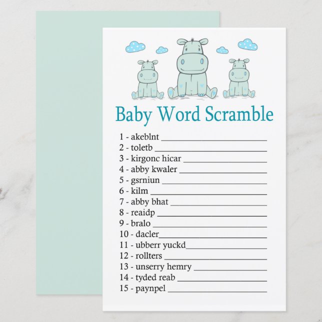 Papier jeu de désordre de mots de bébé hippopotame bleu (Devant / Derrière)