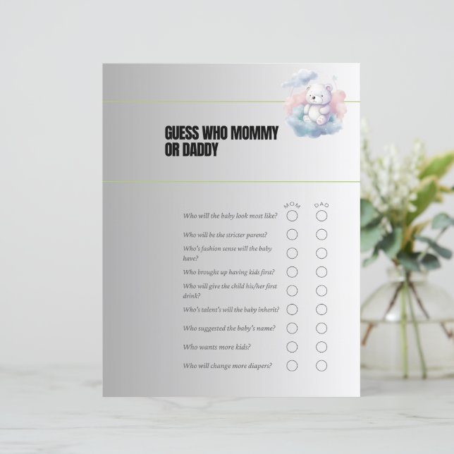 Papier Jeu de devinette pour Baby Shower : Maman ou Papa  (Debout devant)