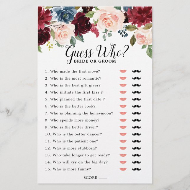 Papier Jeu de devinette pour mariage Burgundy Navy Blush (Devant)