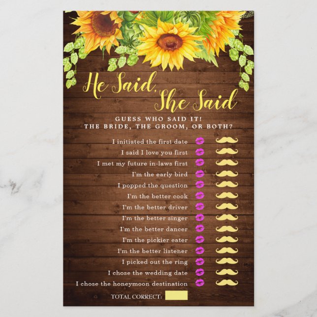 Papier Jeu de Fête des mariées à deux côtés de tournesols (Devant)