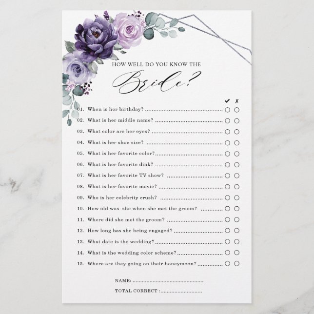 Papier Jeu de Fête des mariées à fleurs florales de prune (Devant)