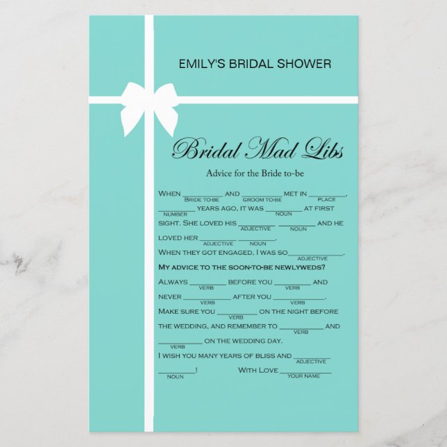 Papier Jeu de Fête des mariées Aqua et Ribbon IMPRIMÉ (Devant)