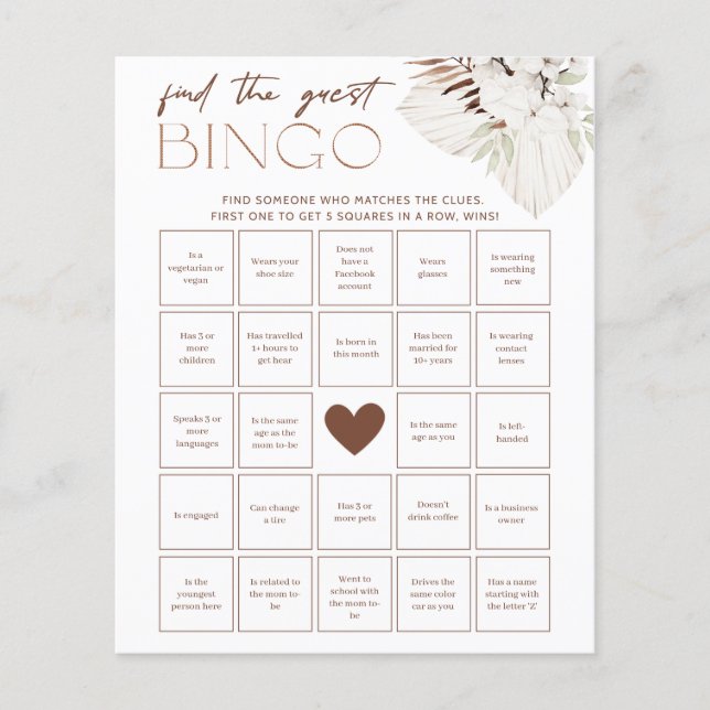 Papier Jeu de Fête des mariées Boho - Trouvez le Bingo in (Devant)