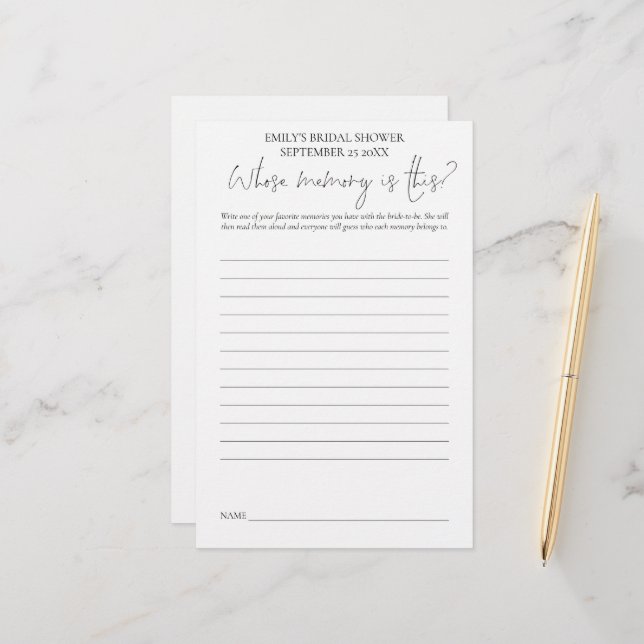 Papier Jeu de Fête des mariées dont la mémoire noire Text (Devant/Arrière en situation)
