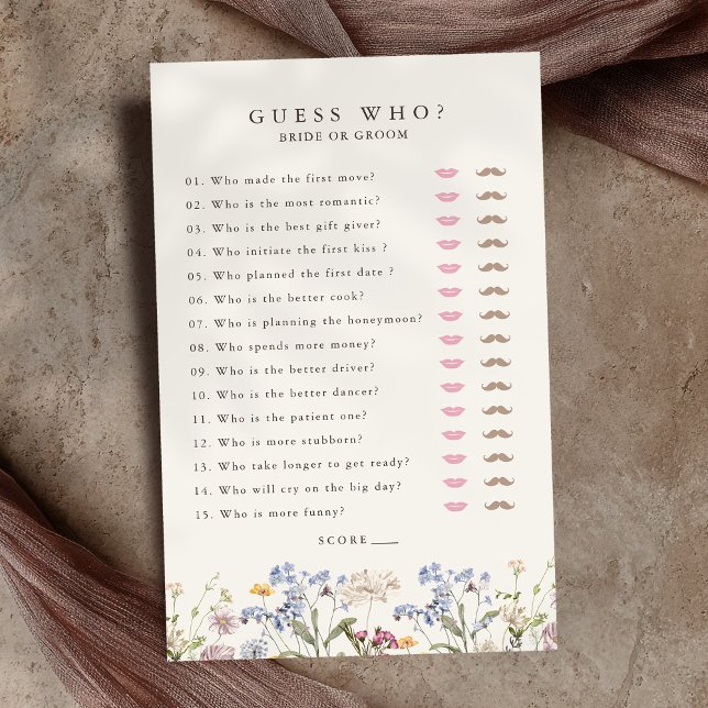 Papier Jeu de Fête des mariées du jardin du Fleur sauvage (Spring Wildflower Meadow Garden Bridal Shower Game guess who? bride or groom)